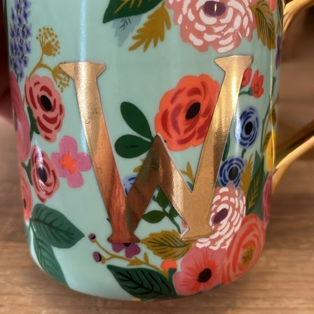 Anthropologie x Rifle Paper Co Mug Garden Party Monogram “W” Gold Handle Floral - Picture 2 of 6